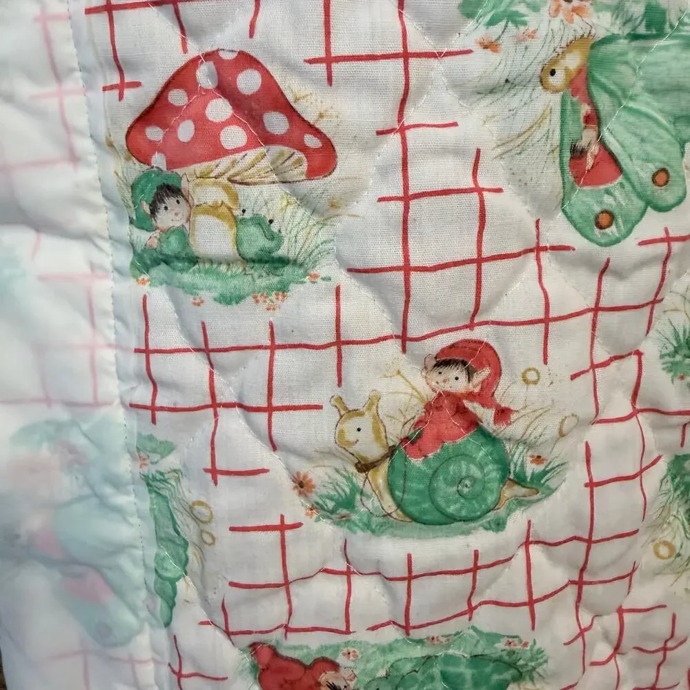 Vintage Handmade Baby Quilt Fairy Garden Snails Mushrooms Cottagecore whimsical
